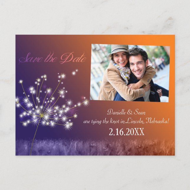 Romantisches Dandelion-Foto Hochzeit retten das Da Ankündigungspostkarte (Vorderseite)