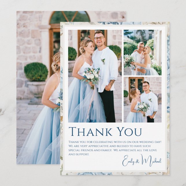 Romantisches Dusty Blue Floral Foto Hochzeit Dankeskarte (Vorne/Hinten)