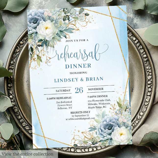 Romantisches Dusty Blue Floral Gold Glitzer Dinner Einladung (Romantic Dusty Blue Floral Gold Glitter Dinner Card)