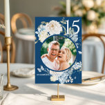 Romantisches Dusty Blue Floral Wedding Foto Tischnummer<br><div class="desc">Romantische Dusty Blue Watercolor Blühende Hochzeitsfeier-Foto-Tischnummern mit dustig blauen Zellisten- und Delphinium-Blume mit Eukalyptusgrün und Schmetterlingen. Fügen Sie Ihren eigenen Text in elegantem, modernem Kalligrafieschrift hinzu. Fügen Sie Ihr Lieblings-Foto und Ihren eigenen Hochzeitshashtag hinzu. Jede Tischnummer einzeln hinzufügen. Für Sie entworfen von Evco Studio www.zazzle.com/store/evcostudio</div>