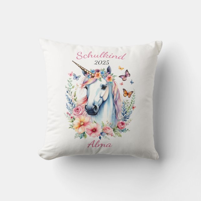 Romantisches Einhorn mit Blumen - Schulkind 2025 | Kissen (Vorderseite)