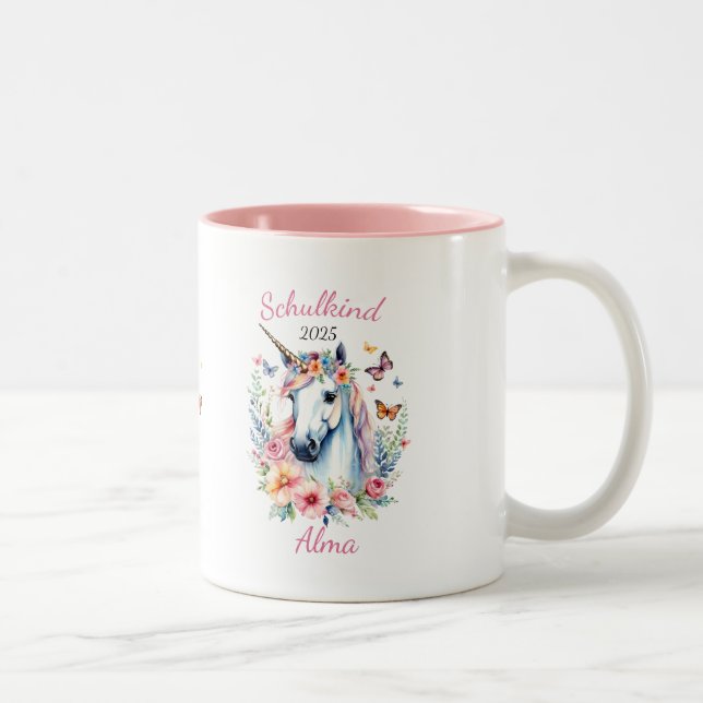 Romantisches Einhorn mit Blumen - Schulkind 2025 | Zweifarbige Tasse (Rechts)