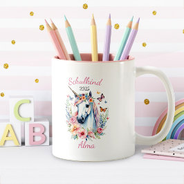 Romantisches Einhorn mit Blumen - Schulkind 2025 | Zweifarbige Tasse