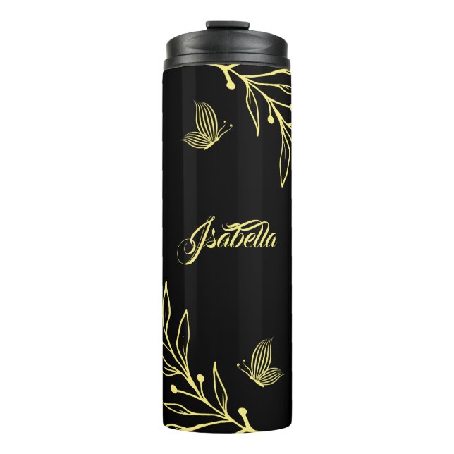 Romantisches, elegantes goldfarbenes Schwarz Thermosbecher (Vorderseite)