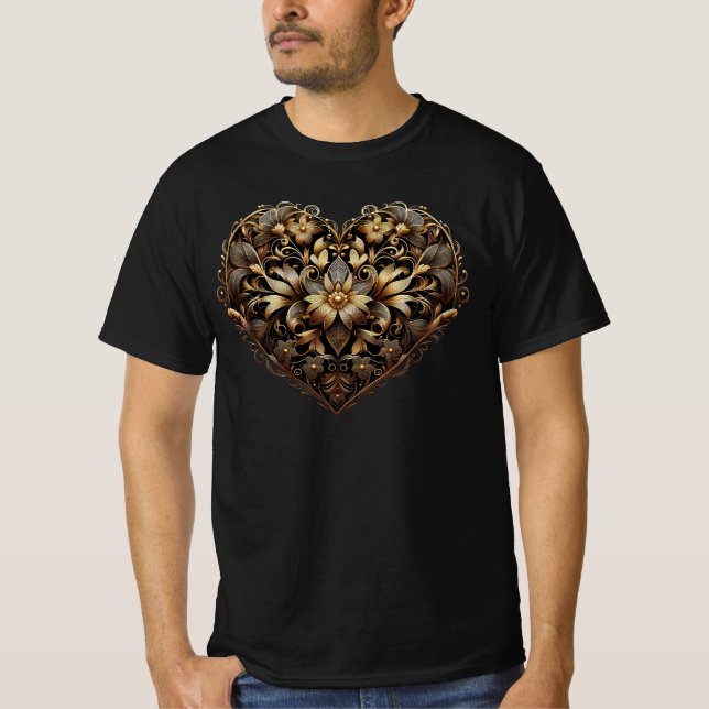 Romantisches filigranes goldenes Herz. Valentinsta T-Shirt (Vorderseite)