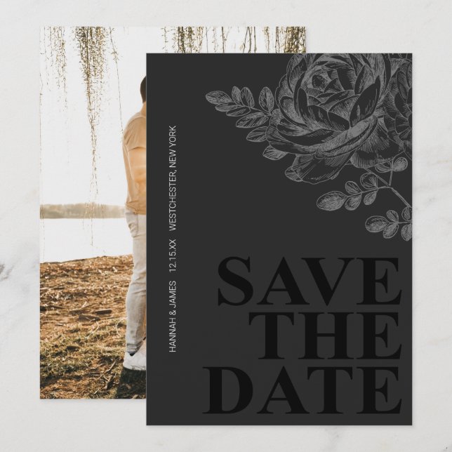 Romantisches Foto Floral Save the Date Schwarz-wei Einladung (Vorne/Hinten)