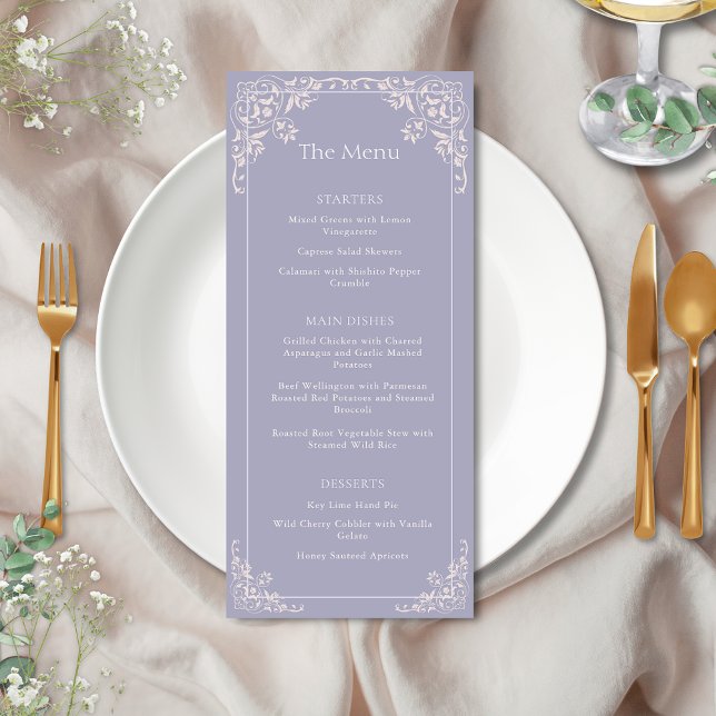 Romantisches französisches Lilac Hochzeitsmenü Menükarte (Elegant french lilac theme wedding menu cards for romantic bridgerton inspired vintage shabby chic)
