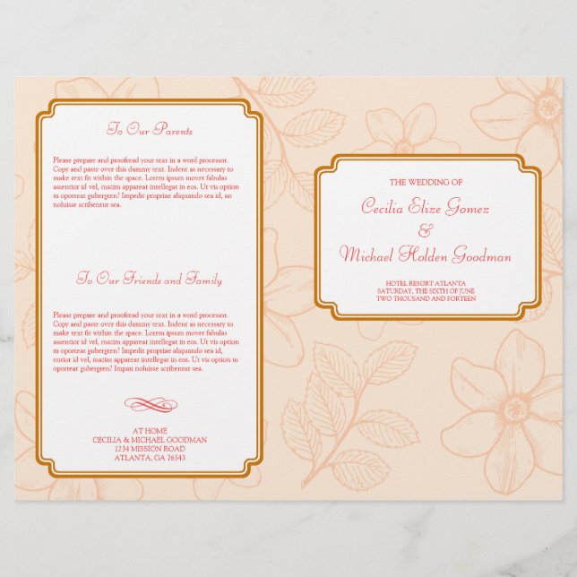 Romantisches Frühjahrsgarten Hochzeitsprogramm (Vorderseite)