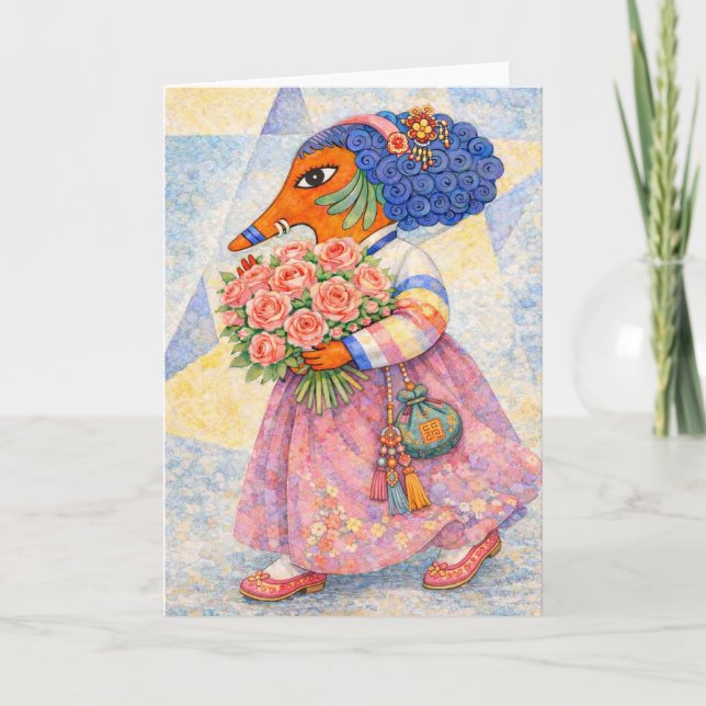 Romantisches Fuchs-Mädchen im Hanbok mit Rosen Karte (Vorderseite)