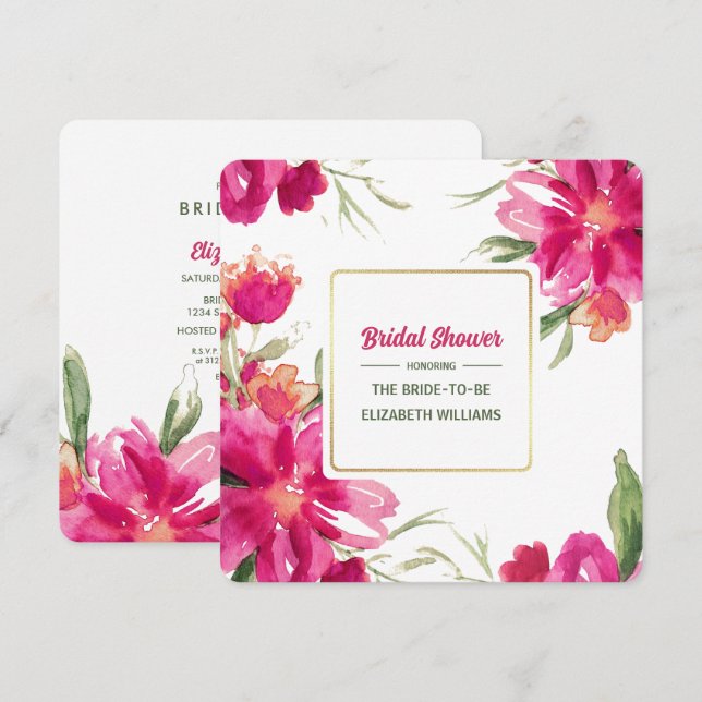 Romantisches Fuchsia Floral Watercolor-Brautparty Einladung (Vorne/Hinten)