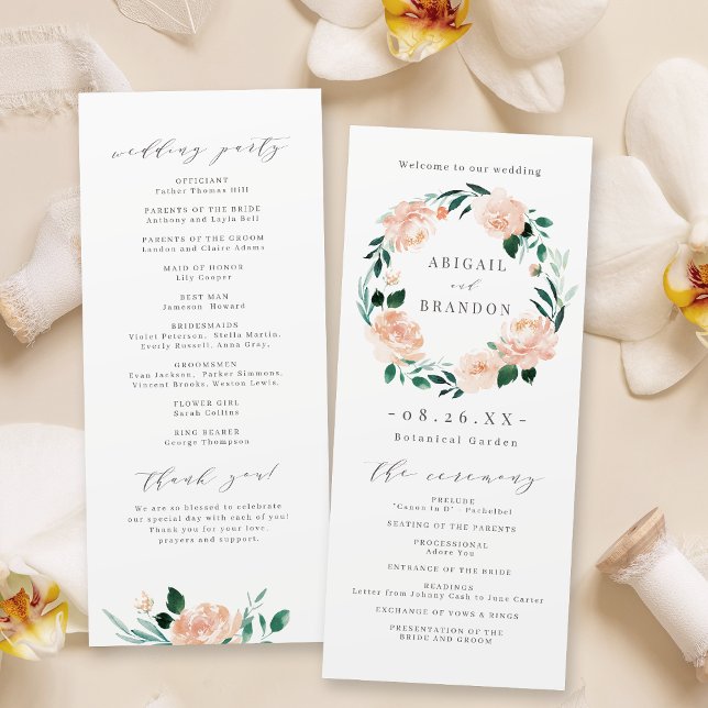 Romantisches Garten-Pfirsich-Blumen-Hochzeitsprogr Programm (Romantic garden peach floral wedding program)
