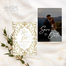 Romantisches Gold Glitzer Floral Lace Wedding Foto Save The Date