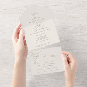 Romantisches Gold Kalligrafie   Elfenbein Hochzeit All In One Einladung
