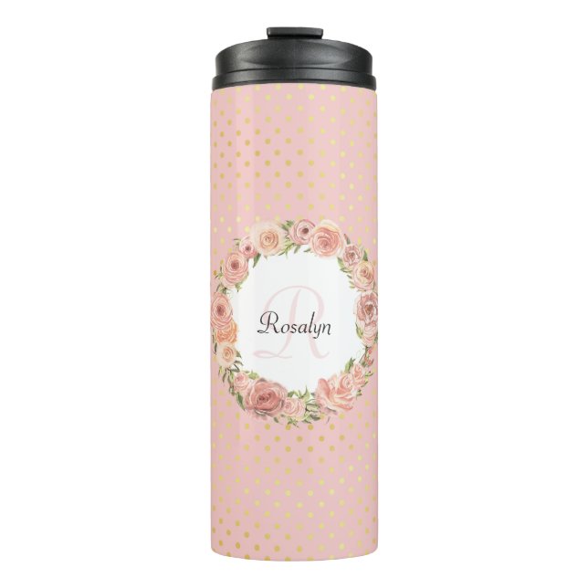 Romantisches Gold punktierter Rosen-mit Monogramm Thermosbecher (Vorderseite)
