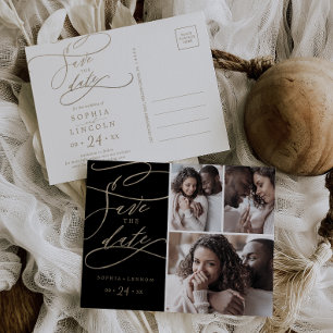Romantisches Gold und Black 3 Foto Save the Date Einladungspostkarte