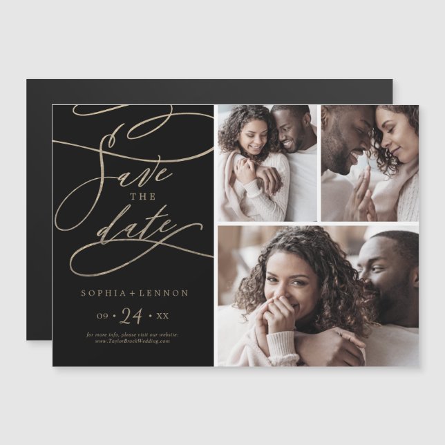 Romantisches Gold und Black 3 Foto Save the Date Magneteinladung (Vorne/Hinten)