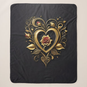 Romantisches goldenes Herz mit blühender rote Rose Sherpadecke