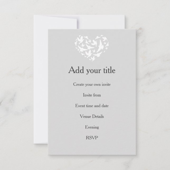 Romantisches Grau mit Herz und Vögeln Einladung (Vorderseite)