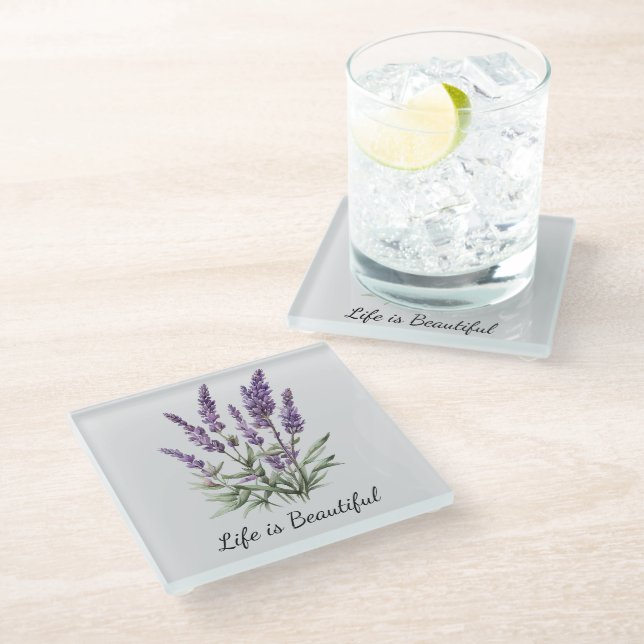 Romantisches graues Lila Lavendel-Brautparty Glasuntersetzer (Schrägansicht)