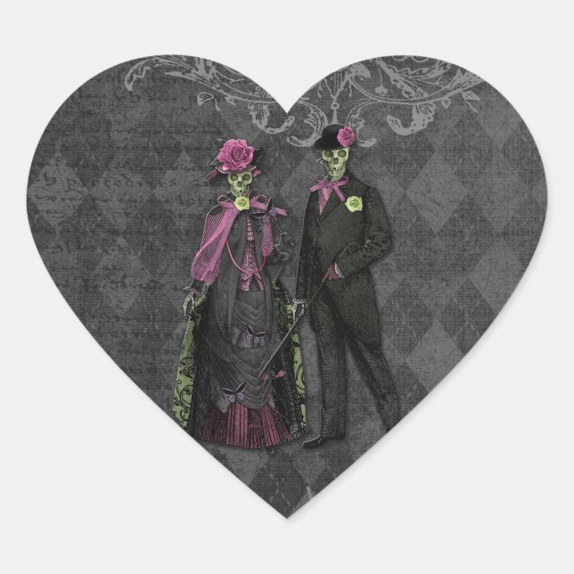 Romantisches Halloween Skeleton Couple Herz-Aufkleber (Vorderseite)