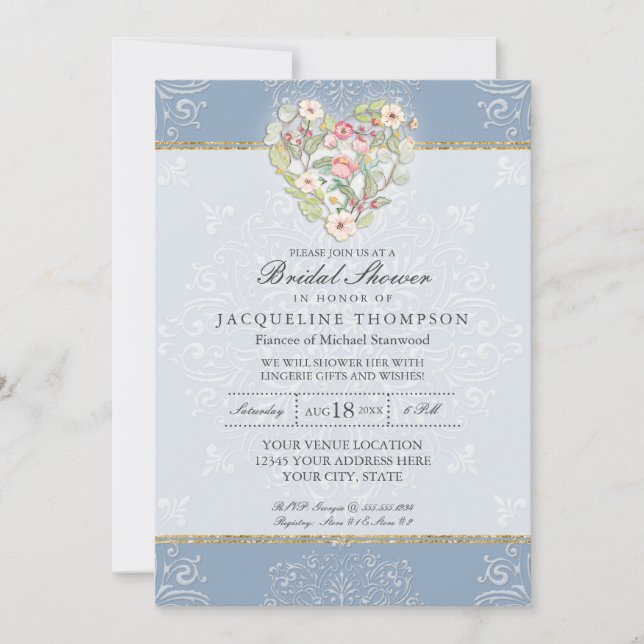 Romantisches Heart Lace Dusty Blue Pink Brautparty Einladung (Vorderseite)