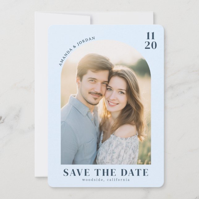 Romantisches hellblaues minimalistisches Foto Save The Date (Vorderseite)