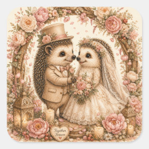 Romantisches Hochzeit-Igel-Paar mit Blumen Quadratischer Aufkleber