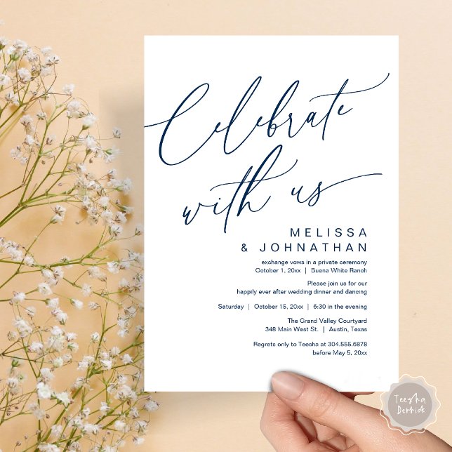 Romantisches Hochzeitsessen Party, Feiern Sie mit  Einladung (Romantic Wedding Dinner Party, Celebrate with us Lunch Brunch Modern Invites Card  PDF Navy Blue)