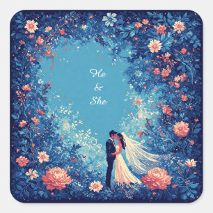 Romantisches Hochzeitskaffee im Blumengarten Quadratischer Aufkleber