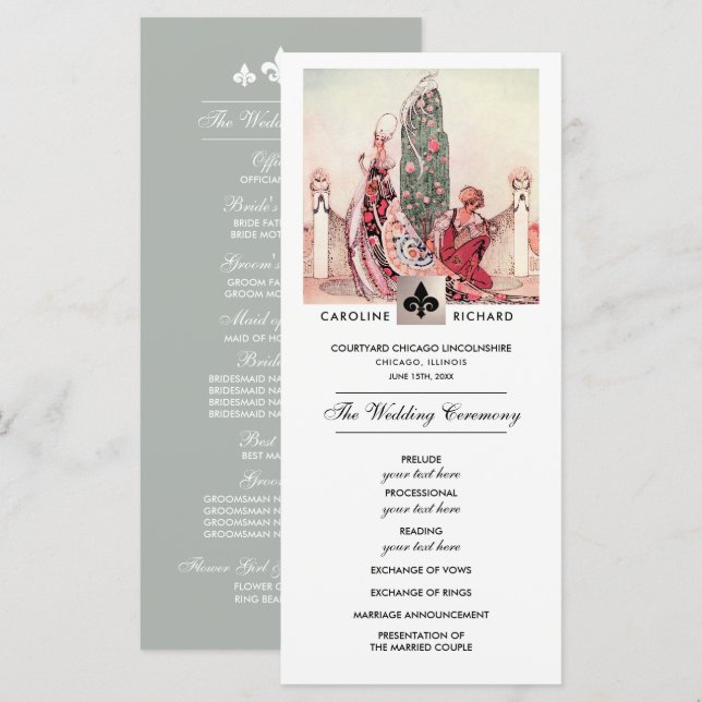 Romantisches Hochzeitsprogramm für Vintage Kunst Programm (Vorne/Hinten)