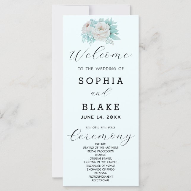 Romantisches Hochzeitsprogramm für Weißblütenblüte (Vorderseite)