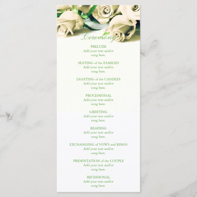 Romantisches Hochzeitsprogramm für Weißrosen Programm (Vorderseite)