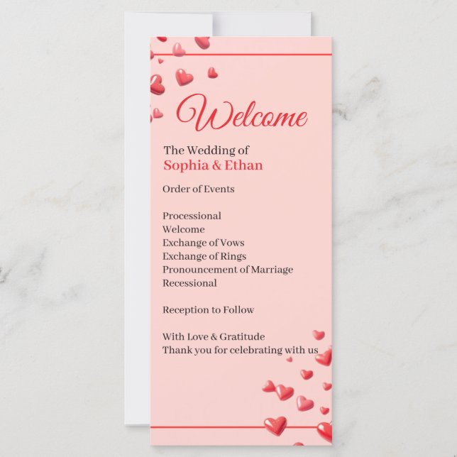 Romantisches Hochzeitsprogramm mit roten Herzen (Vorderseite)