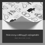 Romantisches Hochzeitstag-Ikonenheft Geschenkpapier<br><div class="desc">Machen Sie jede Hochzeit, Verlobung oder Jubiläumsgeschenk mit diesem wunderschön romantischen Verpackungspapier noch schöner. Das elegante Schwarzweiß-Design besticht durch eine Sammlung von charmanten, handgezeichnet Hochzeitssymbolen - vom Hochzeitsauto bis zu den Ringen und dem Hochzeitskuchen - die alle eine wunderschöne Liebe erzählen. Diese einzigartige und raffinierte Geschenkpackung ist der perfekte Weg,...</div>