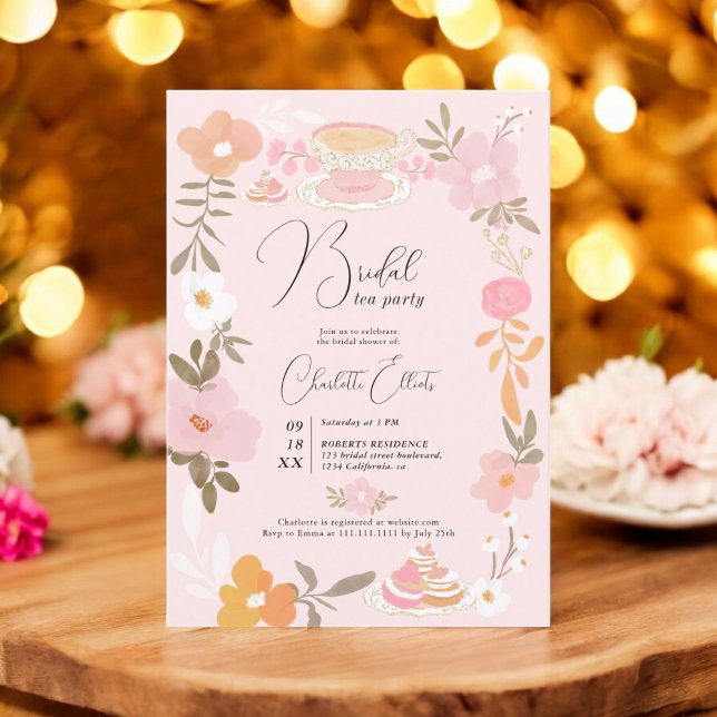 Romantisches Hübsches Blumentee Party Brautparty Einladung (Romantic Pretty floral tea party bridal shower Invitation on pink)