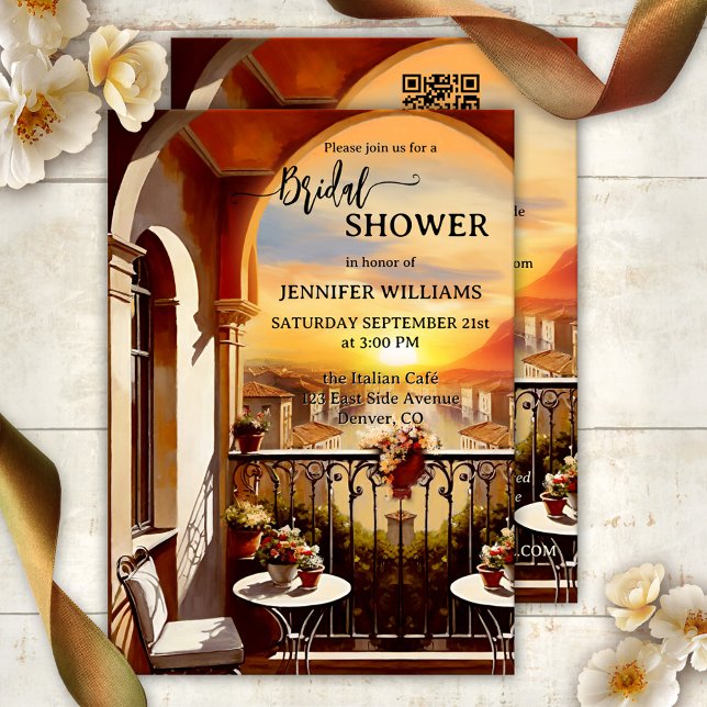 Romantisches italienisches Brautparty Einladung (Bridal shower invitation featuring a painting of an Italian balcony with a view of a sunset - QR)