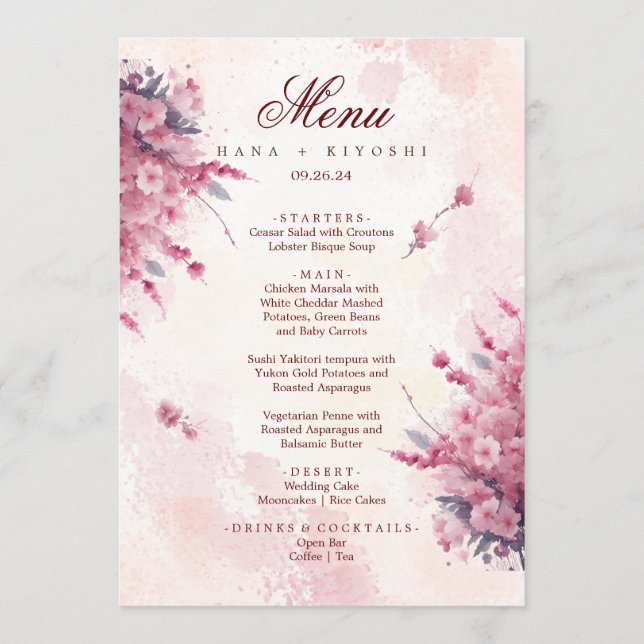 Romantisches japanisches "Pink Cherry Blossom Wedd Menükarte (Vorderseite)