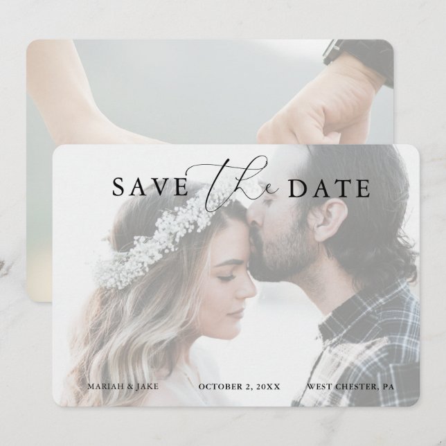 Romantisches Kalligrafie-Foto Save the Date Einlad Einladung (Vorne/Hinten)