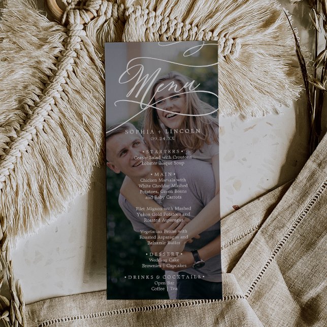 Romantisches kalligrafisches dunkles Foto Hochzeit Menükarte (Von Creator hochgeladen)