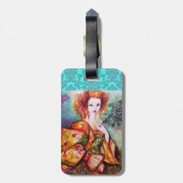 ROMANTISCHES LADY MIT PEACOCK FEATHER DAMASK MONOG GEPÄCKANHÄNGER (Rückseite vertikal)
