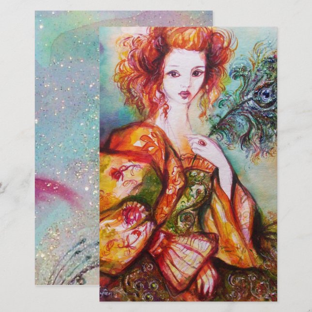 ROMANTISCHES LADY MIT PEACOCK-FEATHER STATIONERY BRIEFPAPIER (Vorne/Hinten)