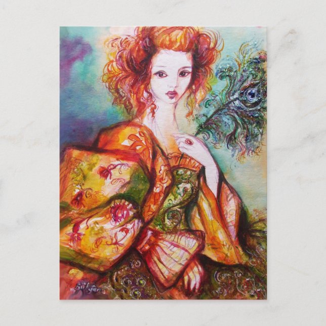 ROMANTISCHES LADY UND PEACOCK MIT Aquamarinem blau Postkarte (Vorderseite)