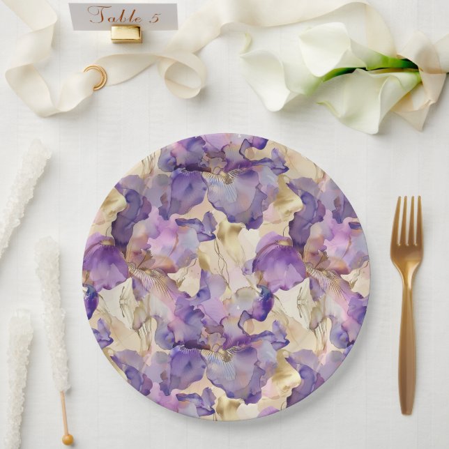 Romantisches Lila Gold Iris Brautparty Pappteller (Hochzeit)