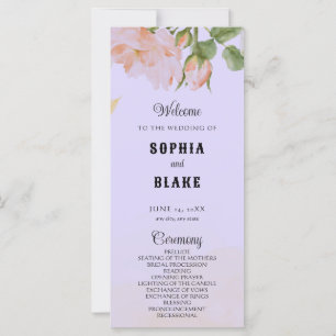 Romantisches Lila Hochzeitsprogramm mit rosa Rosen