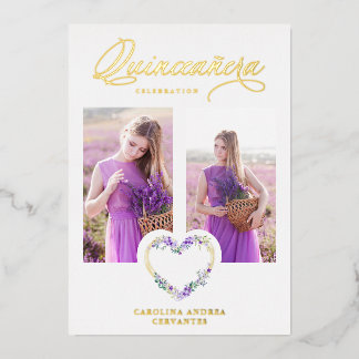 Romantisches Lilac Shades Real Gold Floral Heart F Folieneinladung