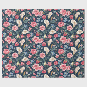 Romantisches marineblaues Blumenmuster Geschenkpapier