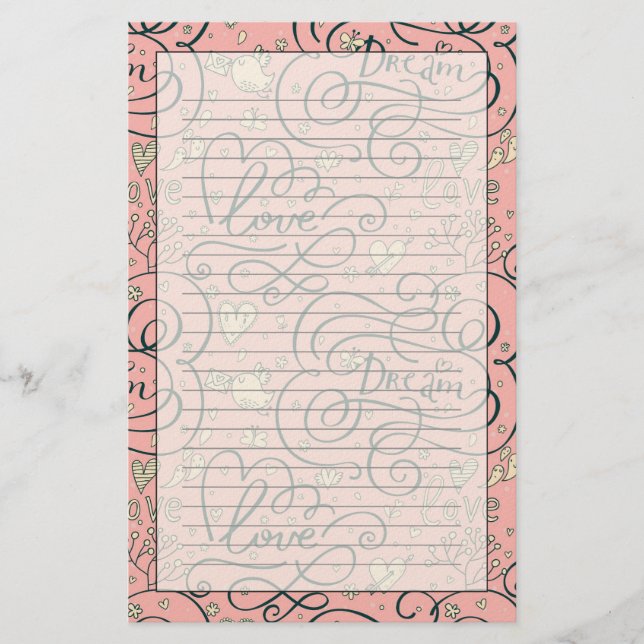Romantisches Muster mit Herzen und Vögeln Briefpapier (Vorderseite)