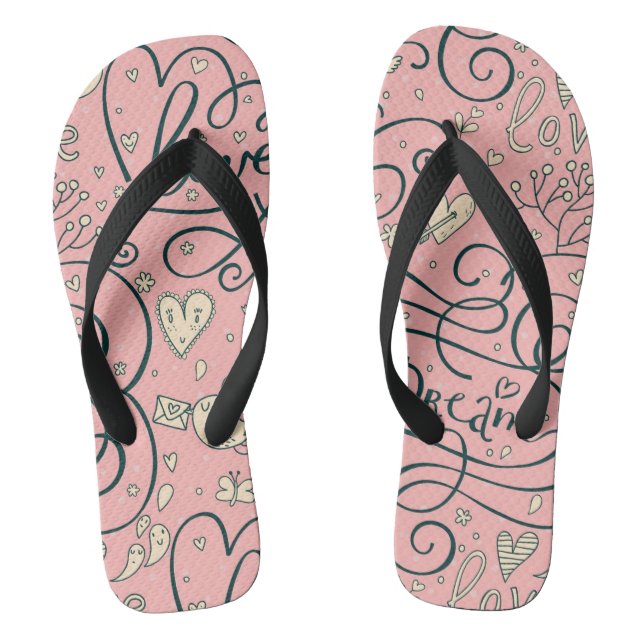 Romantisches Muster mit Herzen und Vögeln Flip Flops (Fußbett)