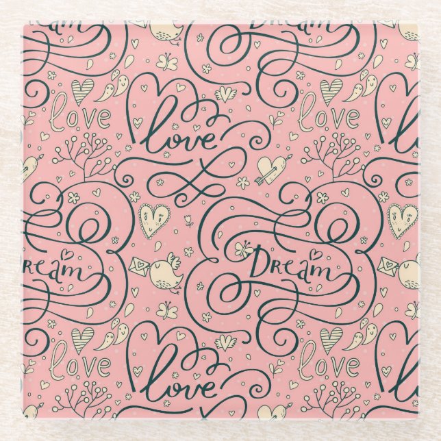 Romantisches Muster mit Herzen und Vögeln Glasuntersetzer (Vorderseite)