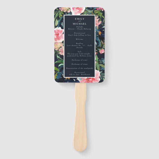 Romantisches Navy Blue Blush Pink Floral Programm Fächer (Vorderseite)